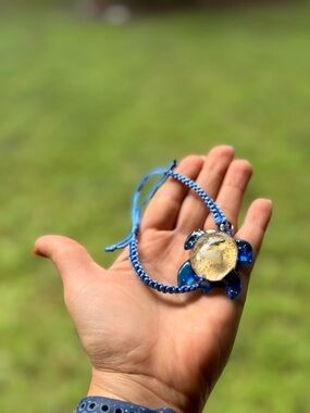 Turtle Bracelet with Blue Cord, real sand and shells inside resin
